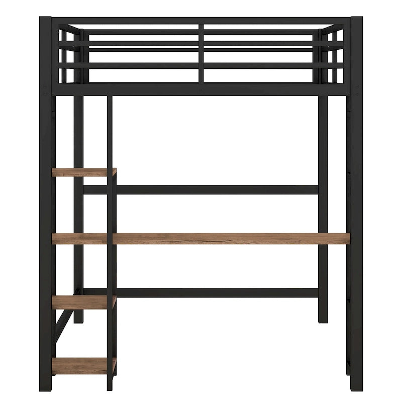 Black Full Size Metal Loft Bed with Built-in Desk and Storage Shelves