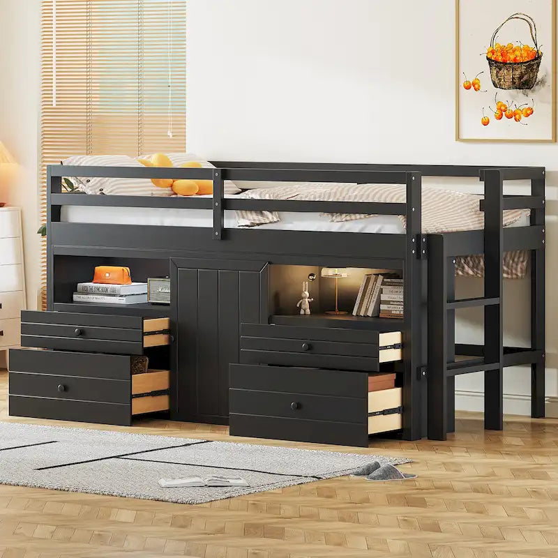 Twin Size Wood Loft Bed with Drawers Storage Cabinet Espresso