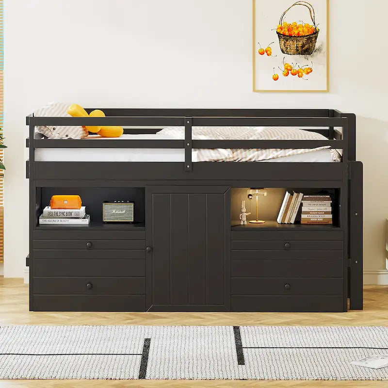 Twin Size Wood Loft Bed with Drawers Storage Cabinet Espresso