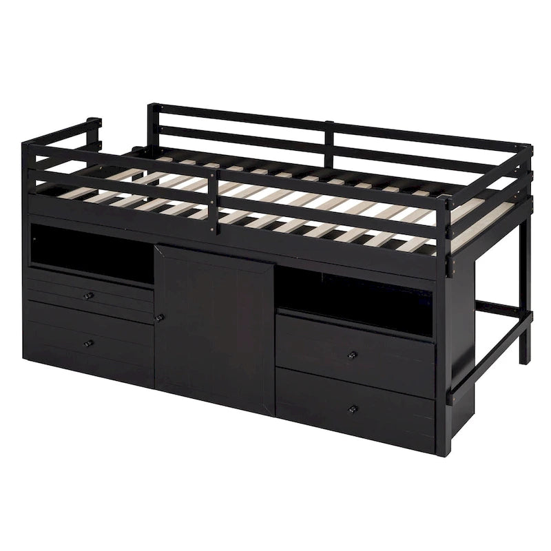 Twin Size Wood Loft Bed with Drawers Storage Cabinet Espresso