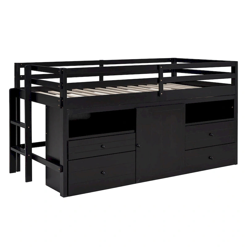 Twin Size Wood Loft Bed with Drawers Storage Cabinet Espresso