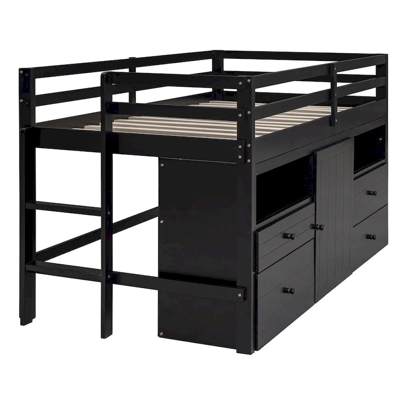 Twin Size Wood Loft Bed with Drawers Storage Cabinet Espresso