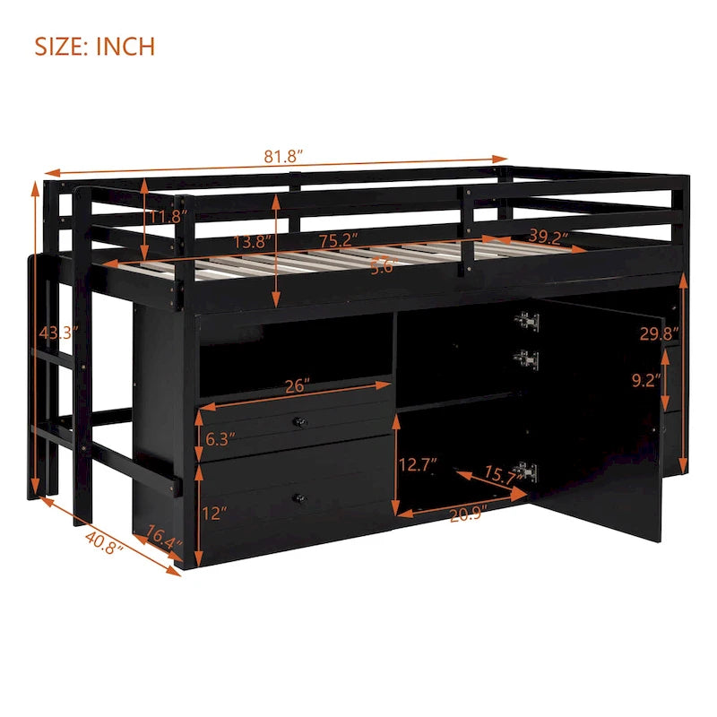 Twin Size Wood Loft Bed with Drawers Storage Cabinet Espresso