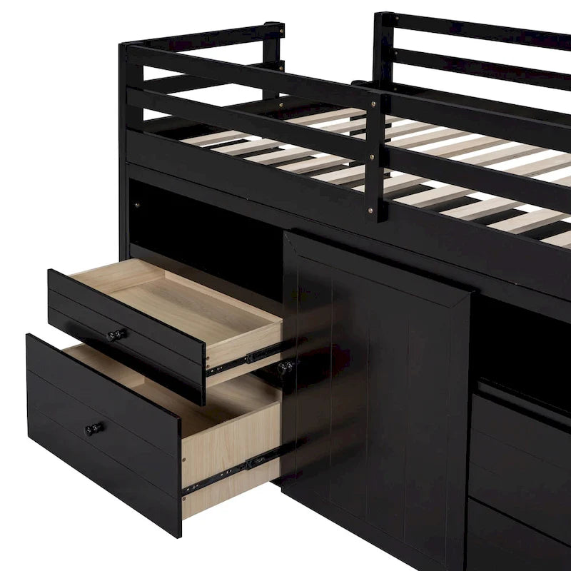 Twin Size Wood Loft Bed with Drawers Storage Cabinet Espresso