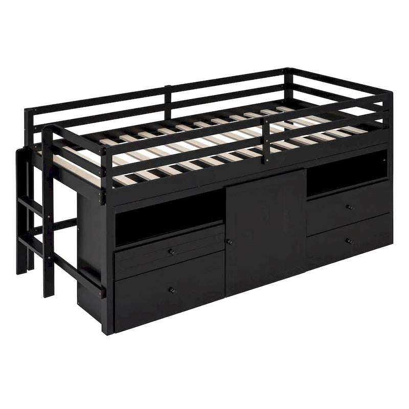 Twin Size Wood Loft Bed with Drawers Storage Cabinet Espresso