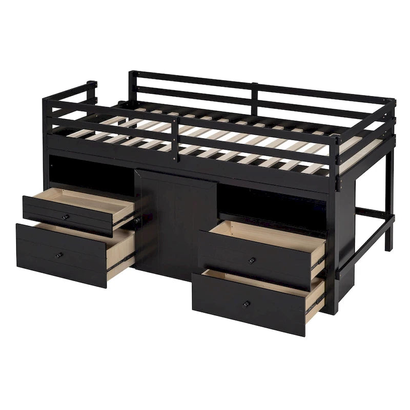Twin Size Wood Loft Bed with Drawers Storage Cabinet Espresso