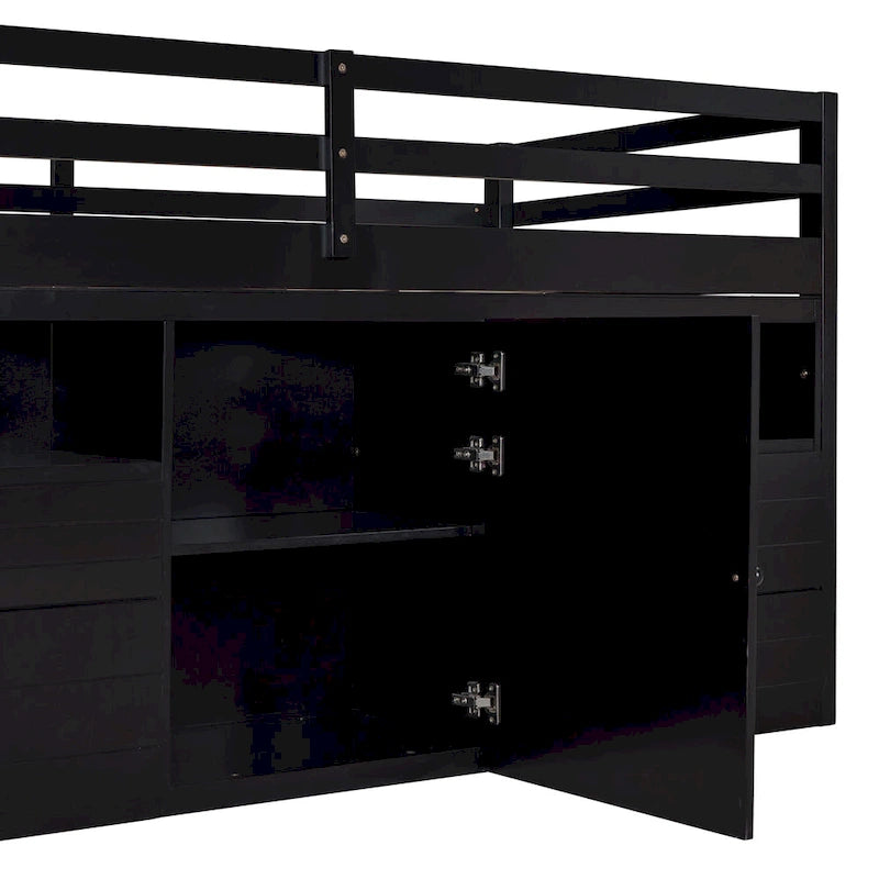 Twin Size Wood Loft Bed with Drawers Storage Cabinet Espresso