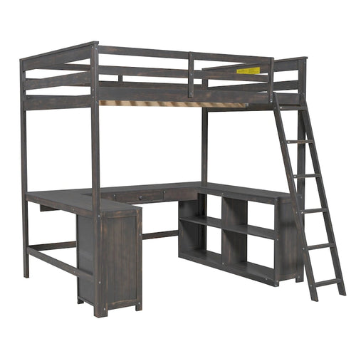 Antique Brown Solid Wood Loft Bed with Desk Blackboard and Storage Drawers