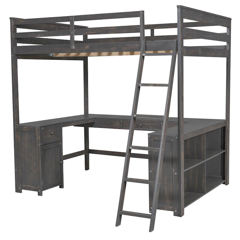 Antique Brown Solid Wood Loft Bed with Desk Blackboard and Storage Drawers