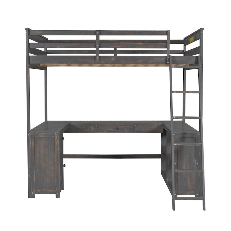 Antique Brown Solid Wood Loft Bed with Desk Blackboard and Storage Drawers