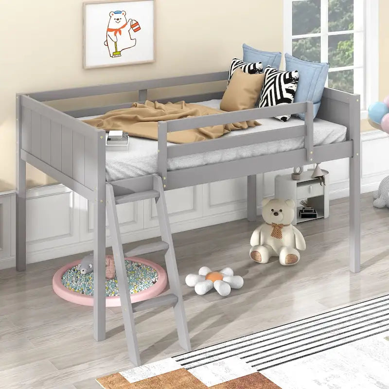 Gray Low Loft Bed with Ladder Safety Guardrail Solid Wood Twin