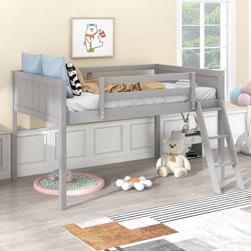 Gray Twin Size Low Solid Wood Loft Bed with Ladder and Safety Fence for Children