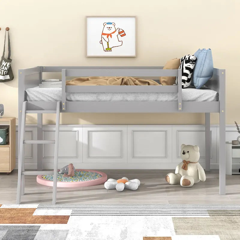Gray Low Loft Bed with Ladder Safety Guardrail Solid Wood Twin