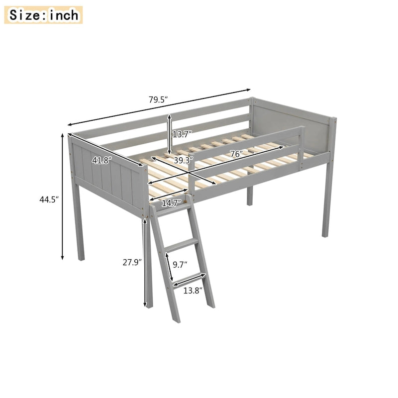 Gray Low Loft Bed with Ladder Safety Guardrail Solid Wood Twin