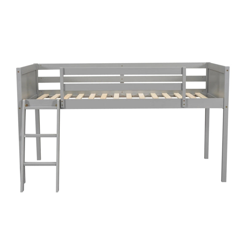 Gray Low Loft Bed with Ladder Safety Guardrail Solid Wood Twin