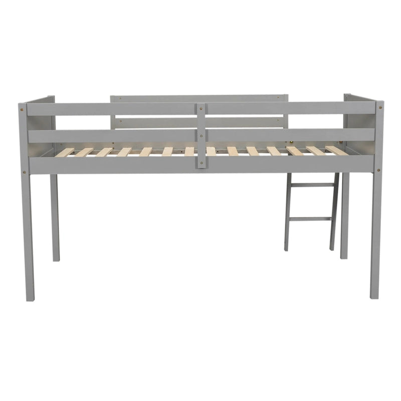 Gray Low Loft Bed with Ladder Safety Guardrail Solid Wood Twin