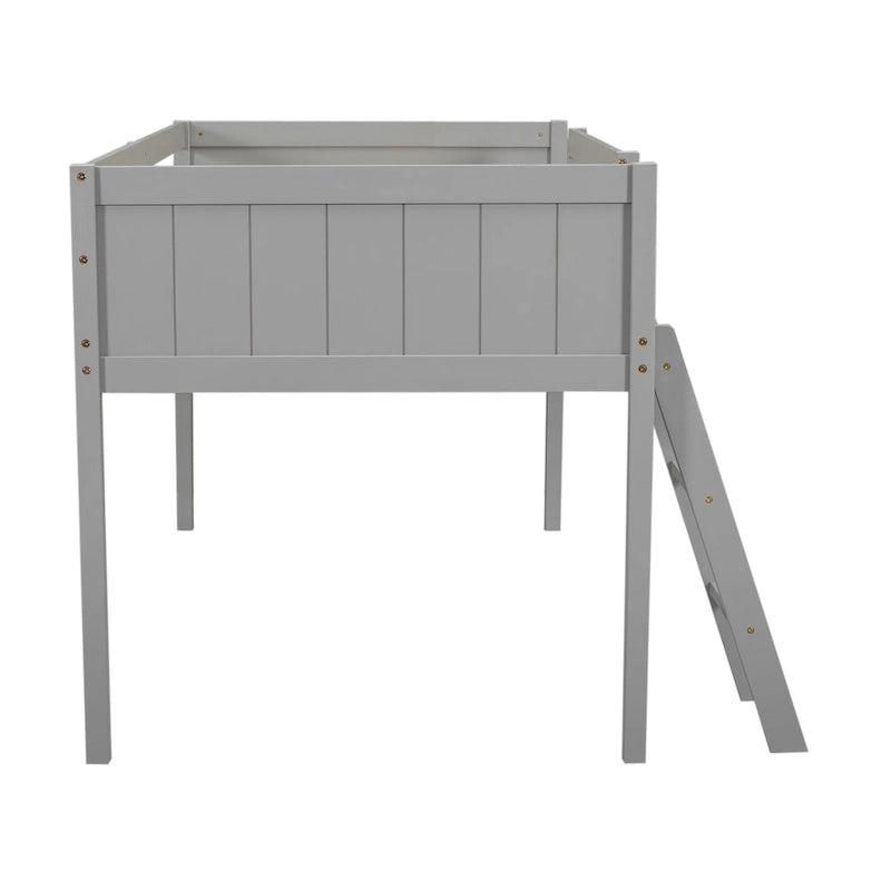 Gray Low Loft Bed with Ladder Safety Guardrail Solid Wood Twin