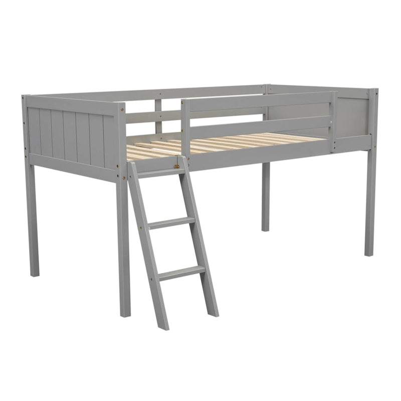 Gray Low Loft Bed with Ladder Safety Guardrail Solid Wood Twin