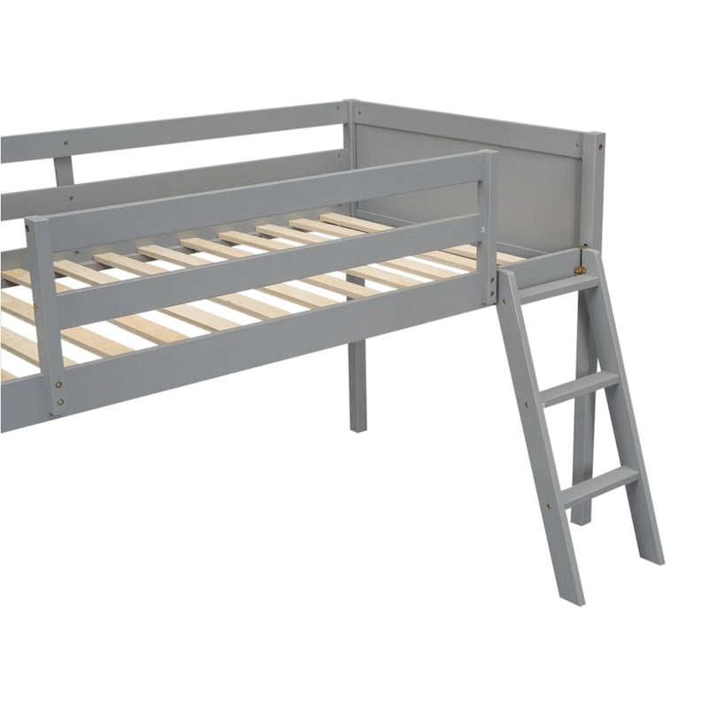 Gray Low Loft Bed with Ladder Safety Guardrail Solid Wood Twin
