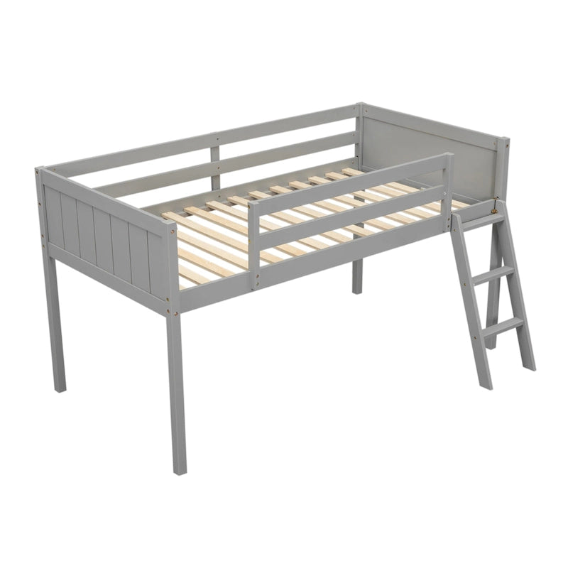 Gray Low Loft Bed with Ladder Safety Guardrail Solid Wood Twin