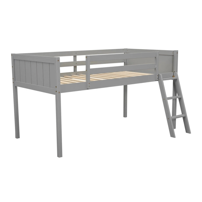 Gray Low Loft Bed with Ladder Safety Guardrail Solid Wood Twin