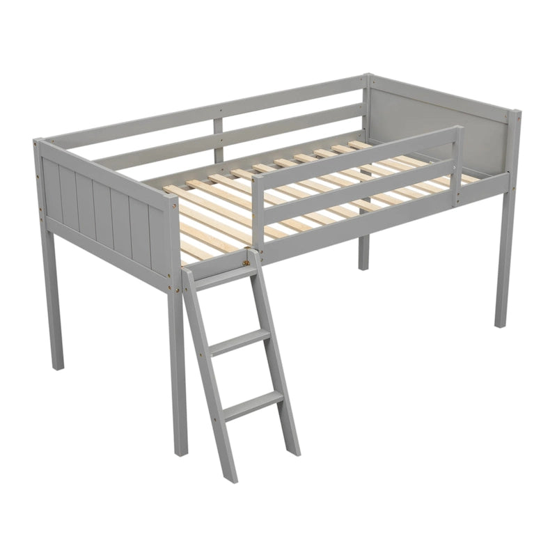 Gray Low Loft Bed with Ladder Safety Guardrail Solid Wood Twin