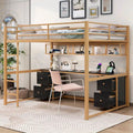 Gold and Black Metal Loft Bed with Desk Drawers and Shelves