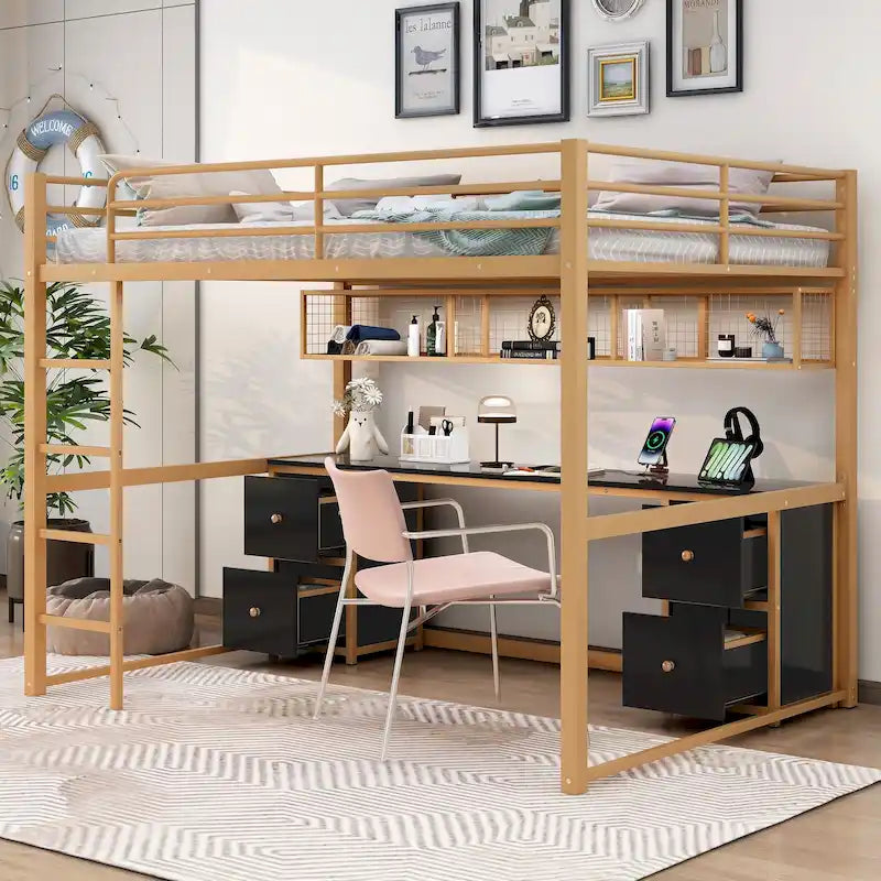 Gold and Black Metal Loft Bed with Desk Drawers and Shelves