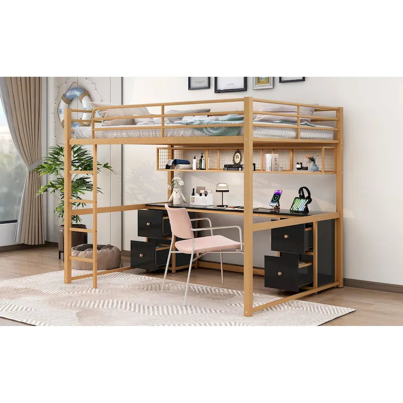 Gold and Black Metal Loft Bed with Desk Drawers and Shelves