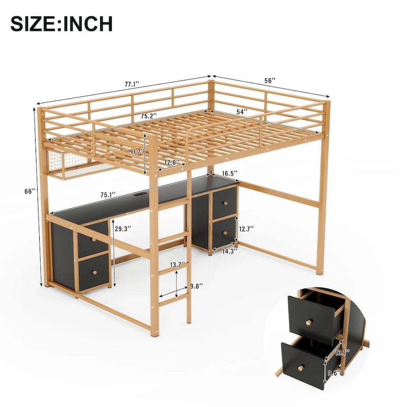 Gold and Black Metal Loft Bed with Desk Drawers and Shelves