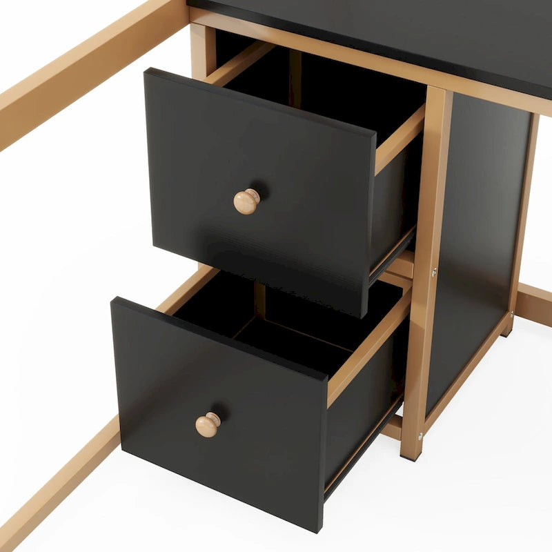 Gold and Black Metal Loft Bed with Desk Drawers and Shelves
