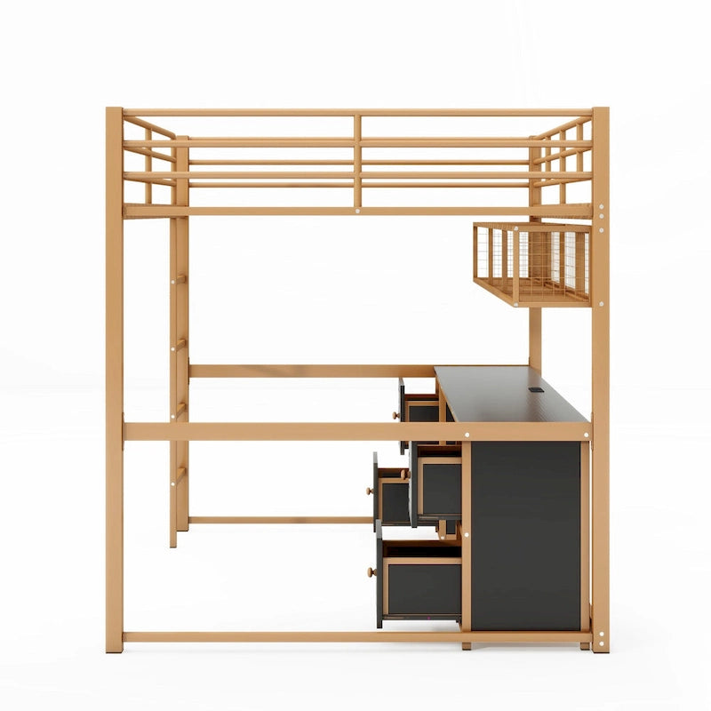 Gold and Black Metal Loft Bed with Desk Drawers and Shelves