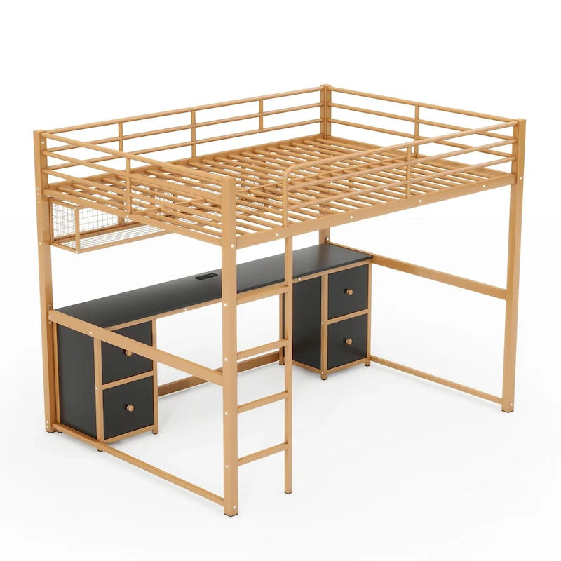 Gold and Black Metal Loft Bed with Desk Drawers and Shelves