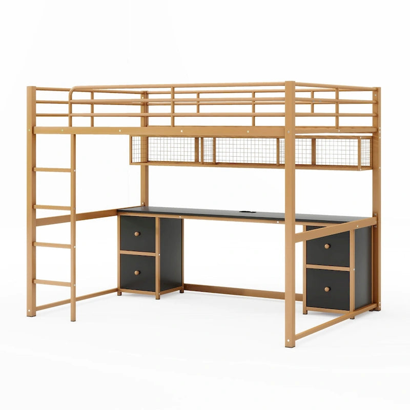 Gold and Black Metal Loft Bed with Desk Drawers and Shelves