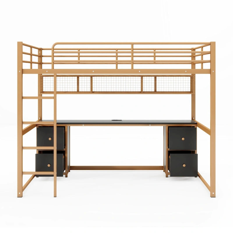 Gold and Black Metal Loft Bed with Desk Drawers and Shelves