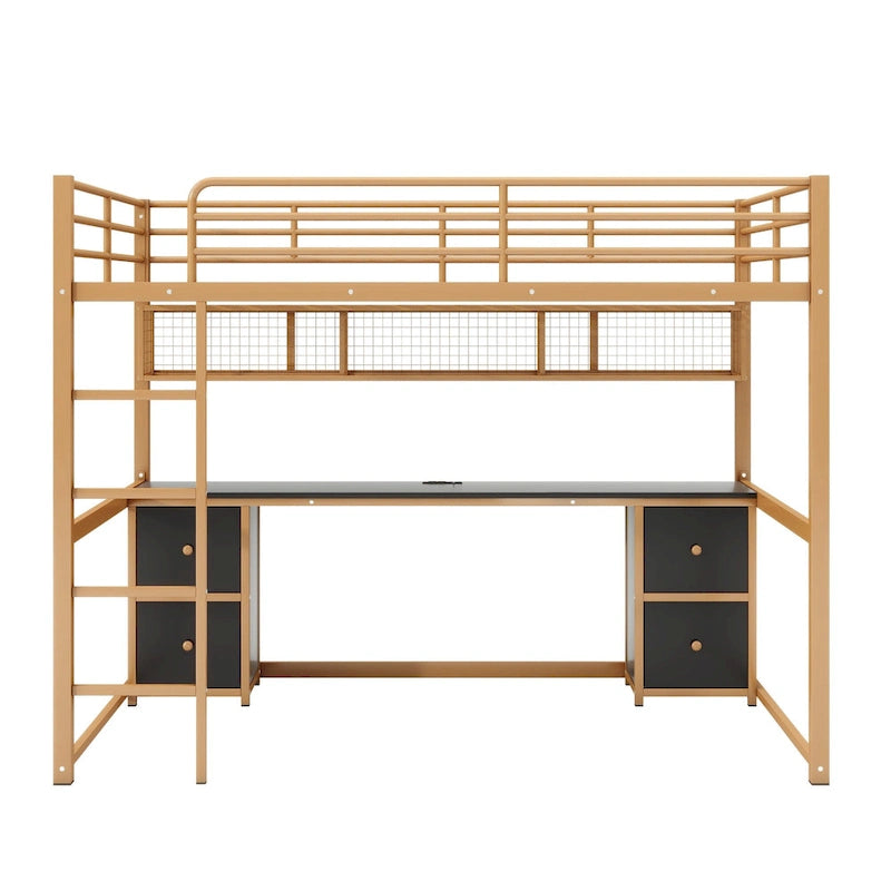 Gold and Black Metal Loft Bed with Desk Drawers and Shelves
