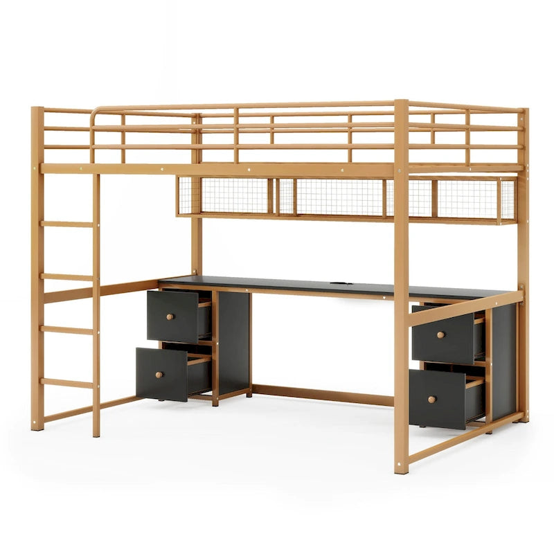 Gold and Black Metal Loft Bed with Desk Drawers and Shelves