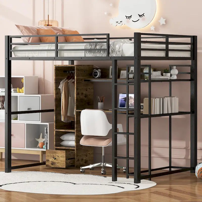 Black Metal Loft Bed with Wardrobe Desk Storage Shelves Industrial Style