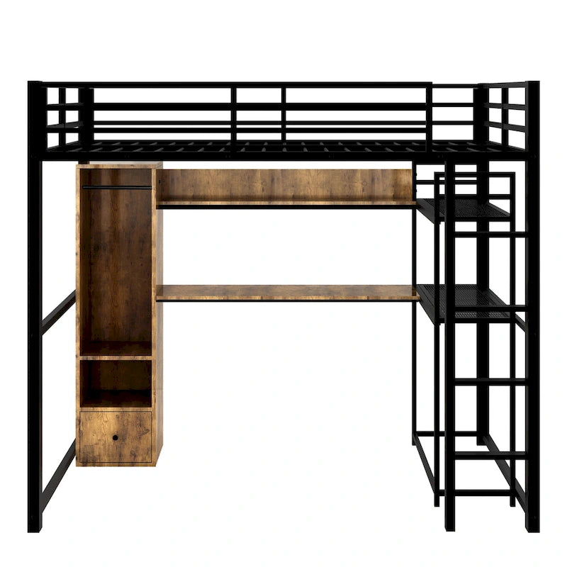 Black Metal Loft Bed with Wardrobe Desk Storage Shelves Industrial Style
