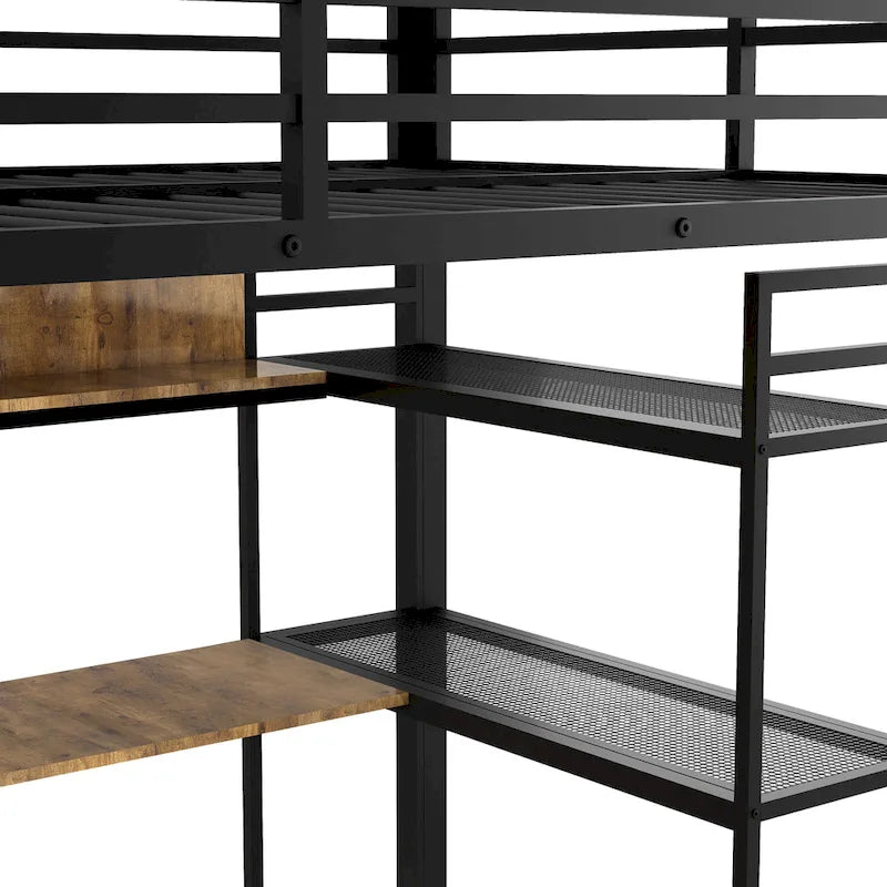 Black Metal Loft Bed with Wardrobe Desk Storage Shelves Industrial Style