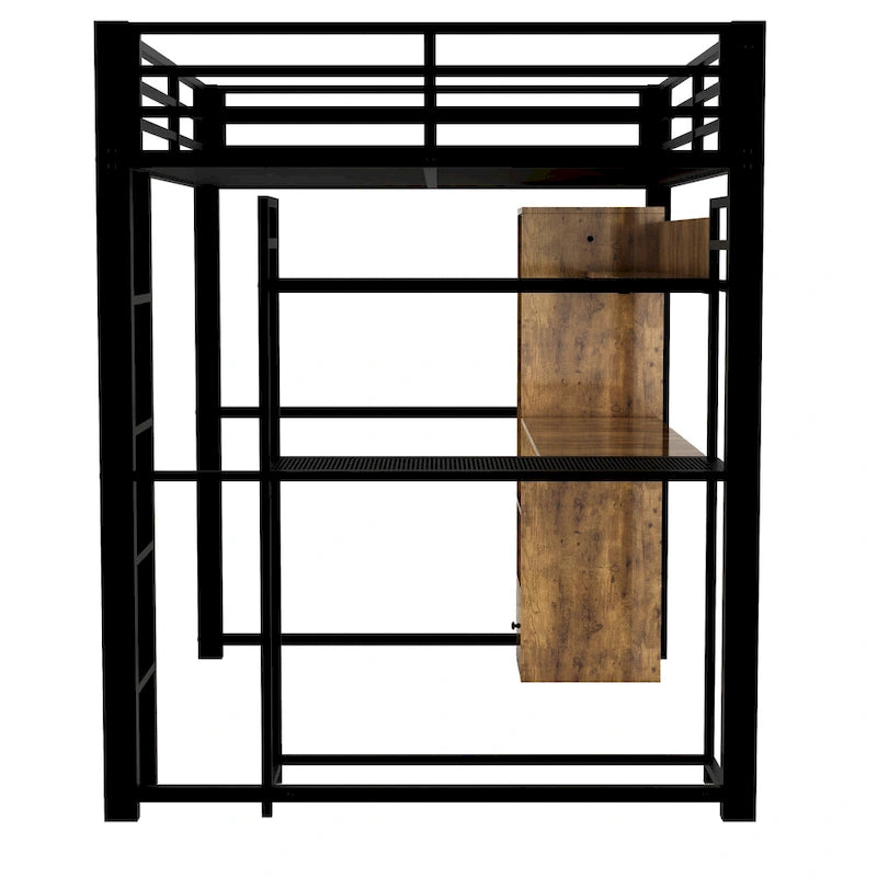 Black Metal Loft Bed with Wardrobe Desk Storage Shelves Industrial Style