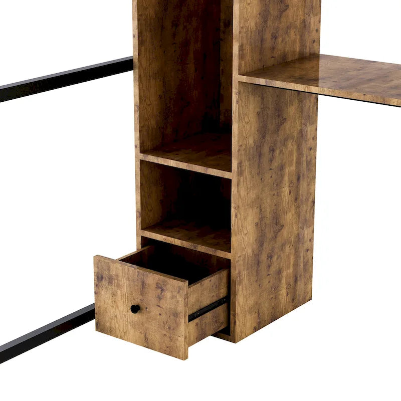 Black Metal Loft Bed with Wardrobe Desk Storage Shelves Industrial Style