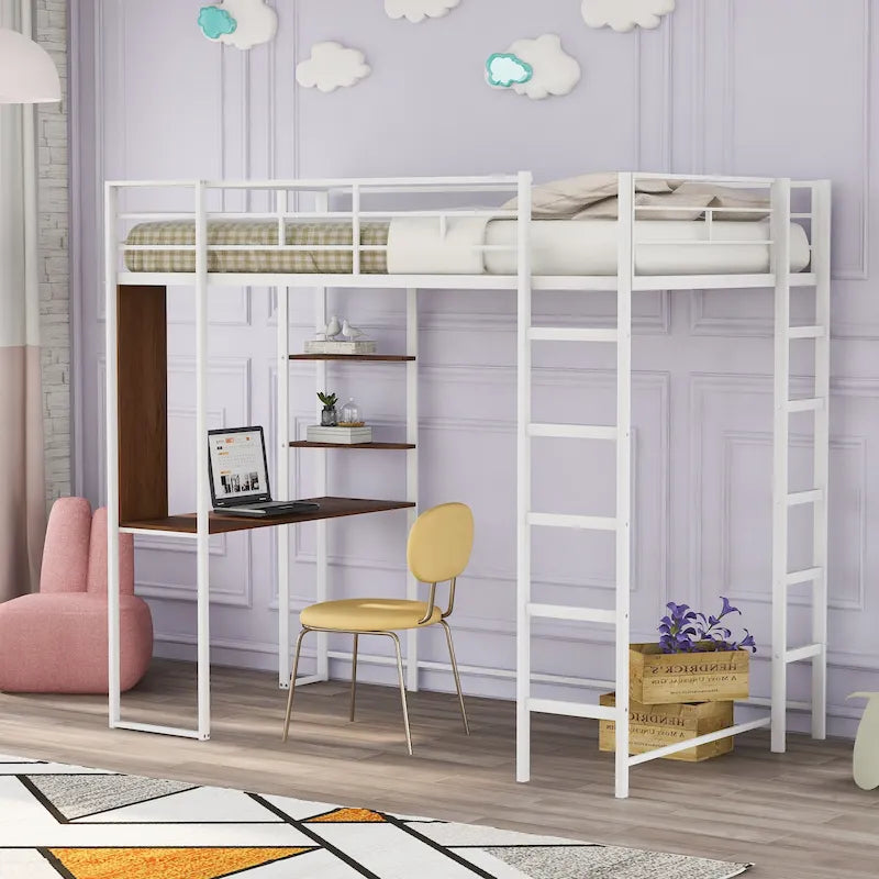 White Twin Metal Loft Bed with Desk, Shelves and Side Ladder