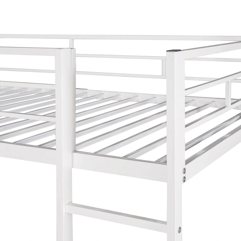 White Twin Metal Loft Bed with Desk, Shelves and Side Ladder