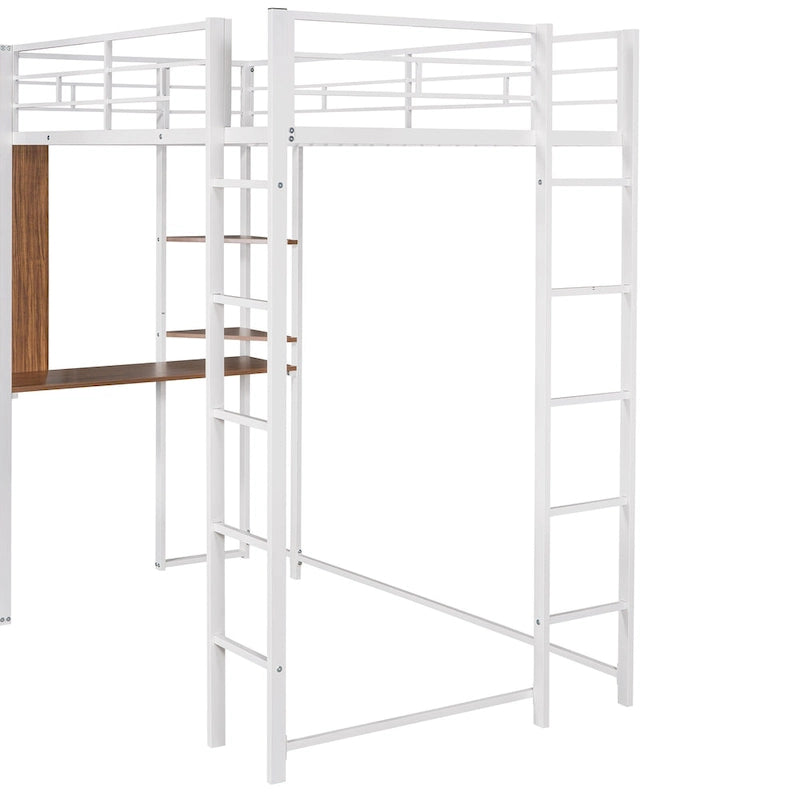 White Twin Metal Loft Bed with Desk, Shelves and Side Ladder