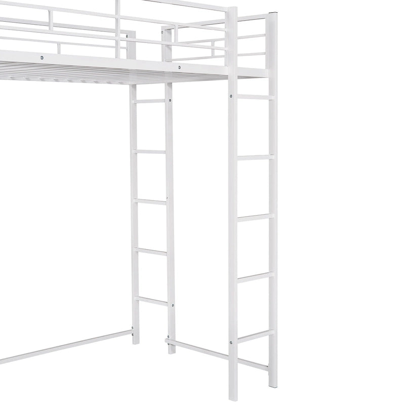 White Twin Metal Loft Bed with Desk, Shelves and Side Ladder