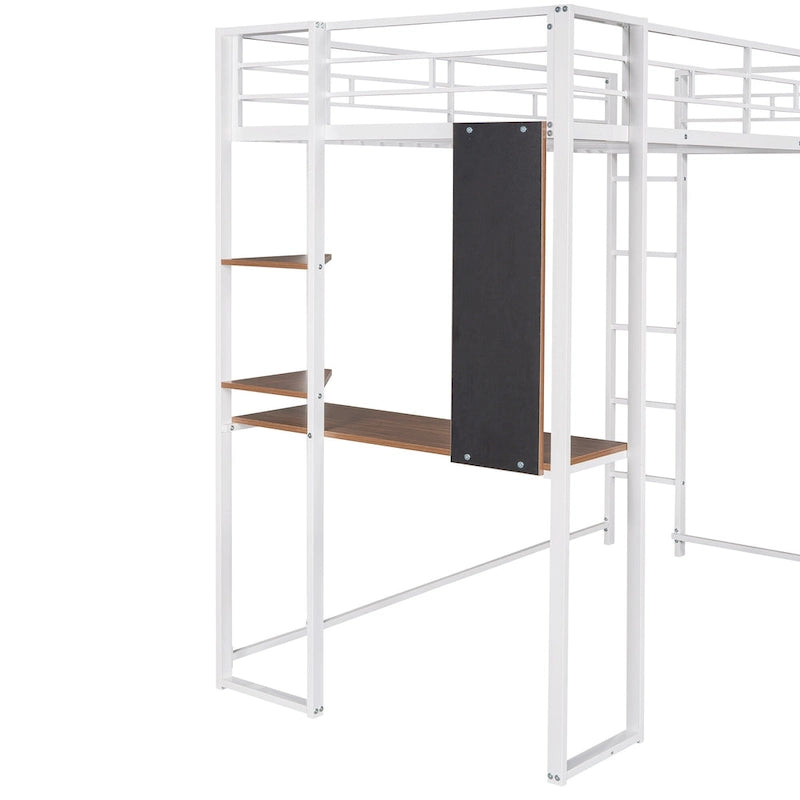 White Twin Metal Loft Bed with Desk, Shelves and Side Ladder