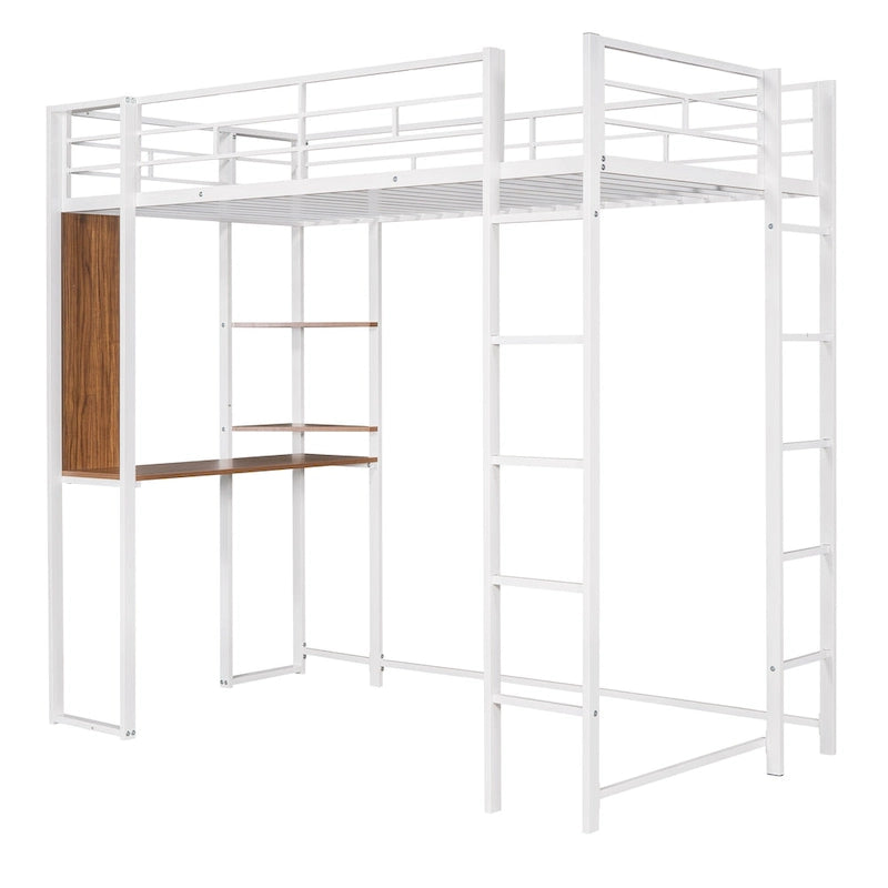 White Twin Metal Loft Bed with Desk, Shelves and Side Ladder
