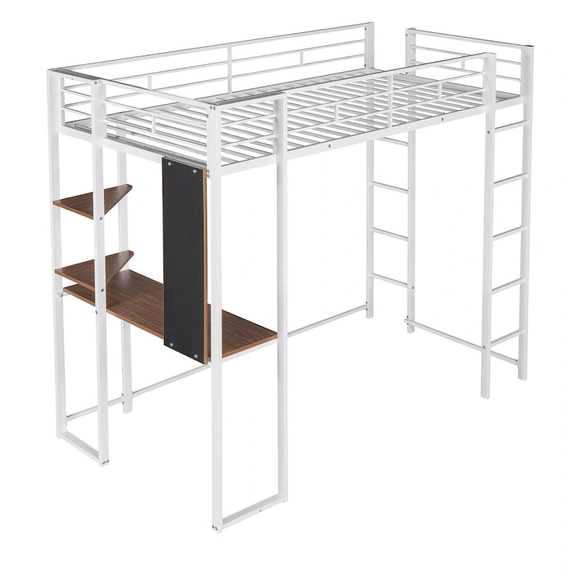 White Twin Metal Loft Bed with Desk, Shelves and Side Ladder