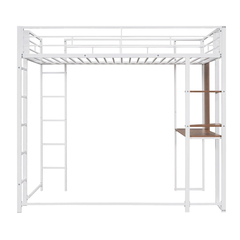 White Twin Metal Loft Bed with Desk, Shelves and Side Ladder